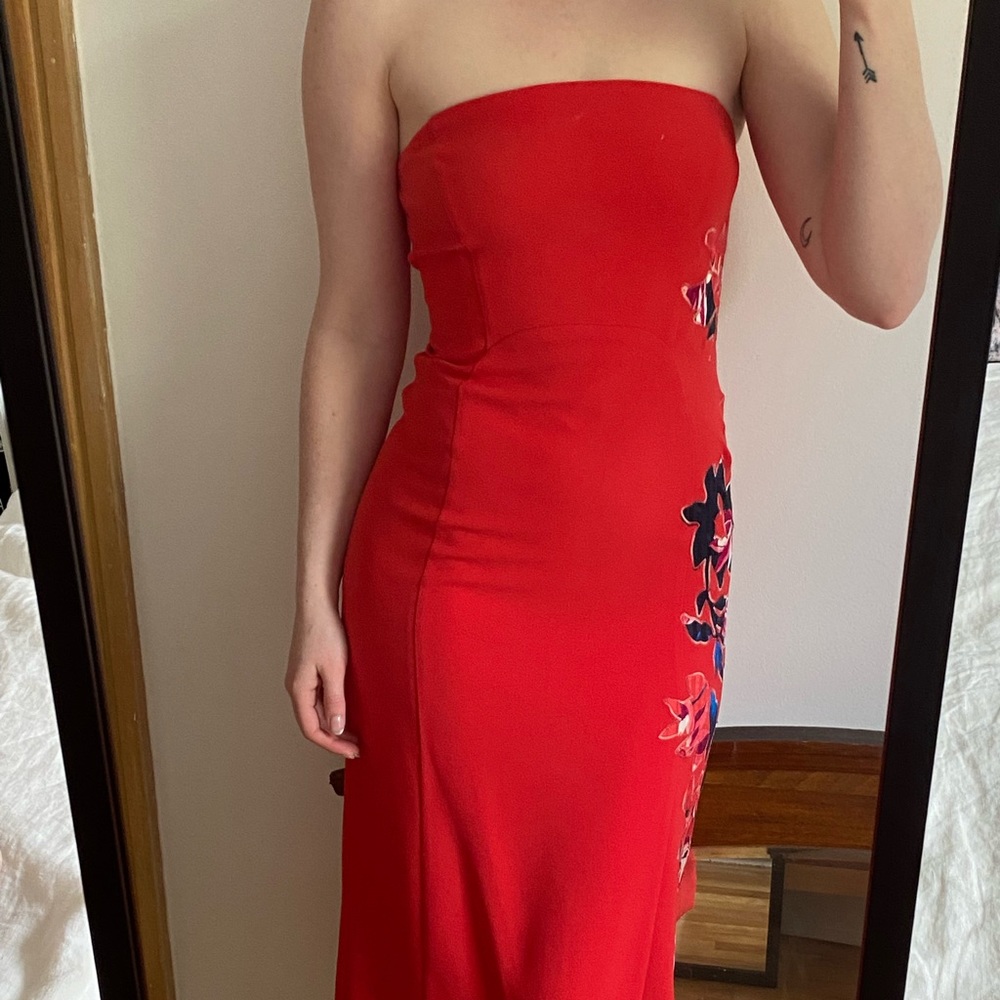 Tanya Taylor resort 2018 strapless red dress with floral detail